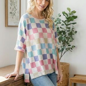 Oversized Waffle Knit Checkerboard Top Large Relaxed Fit Pastel Cozycore Retro